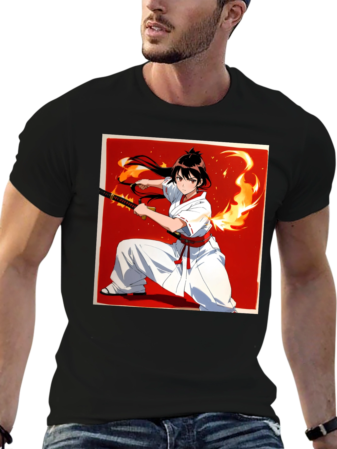 Anime Samurai Warrior T-Shirt - Black Cotton