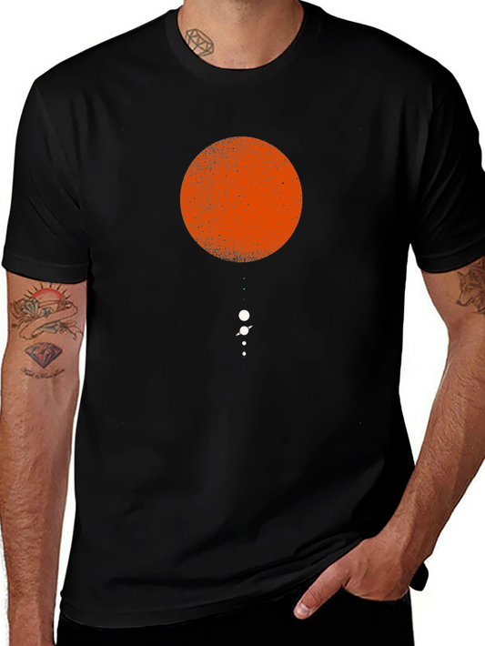 Minimalist Orange Circle & Planets Black T-Shirt