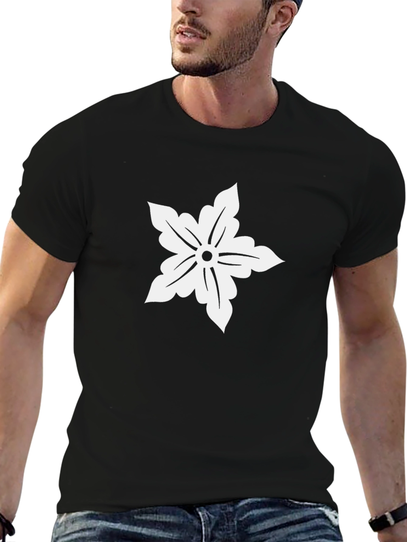 Black T-Shirt with White Floral Print
