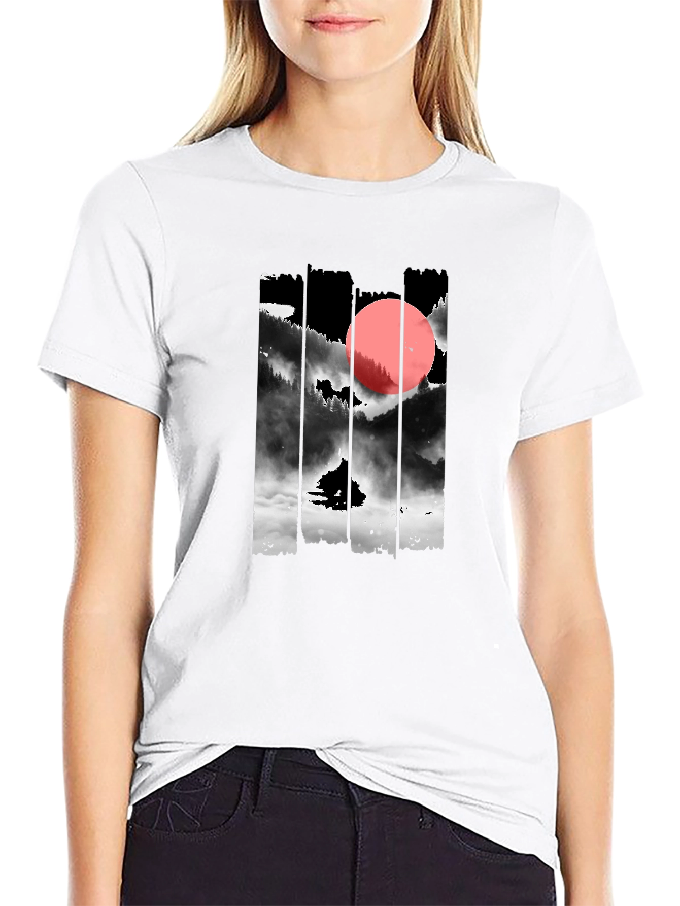 Black T-Shirt with Japanese Mountain Sunset Design