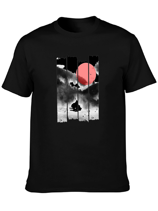 Black T-Shirt with Japanese Mountain Sunset Design
