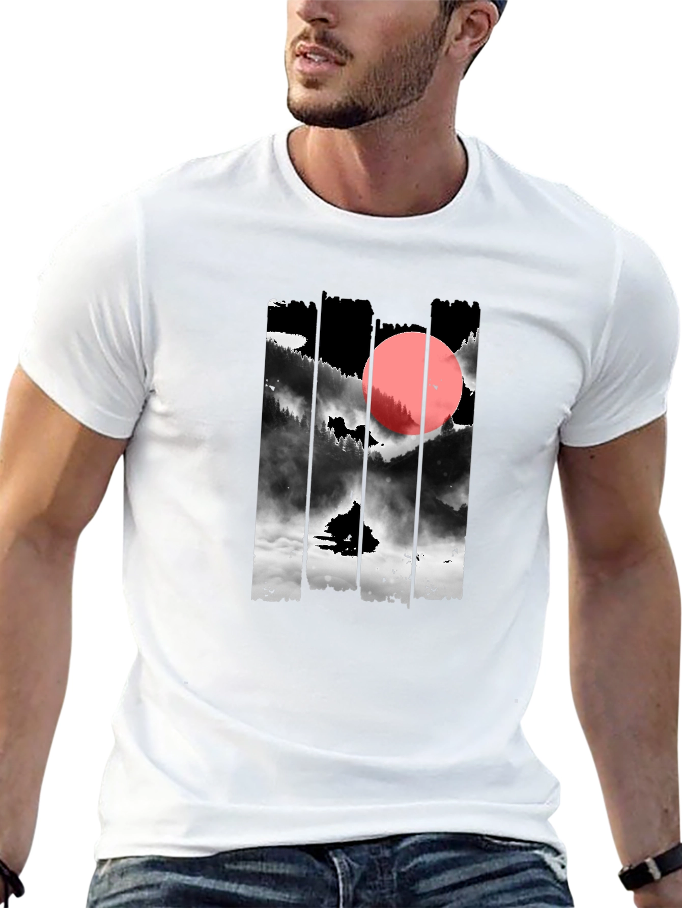 Black T-Shirt with Japanese Mountain Sunset Design