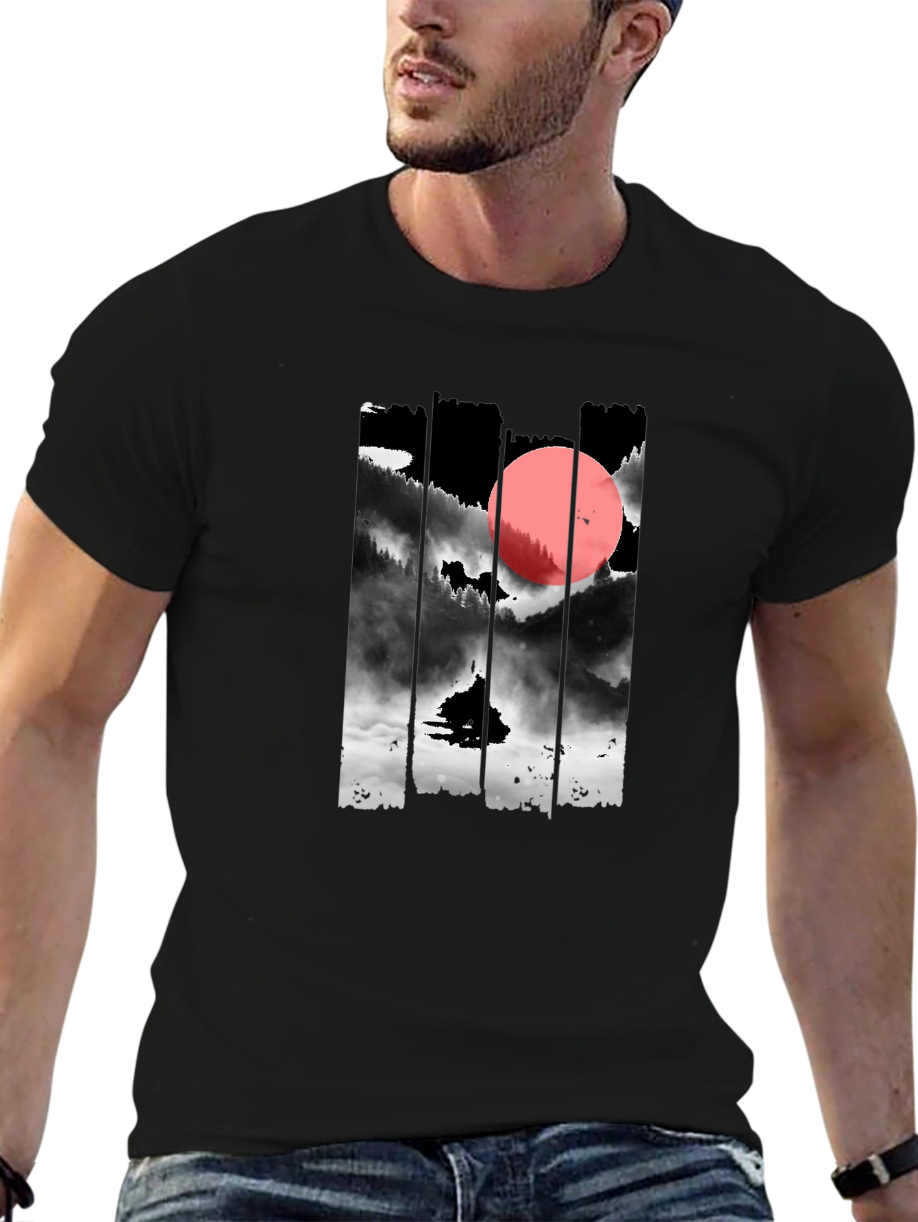 Black T-Shirt with Japanese Mountain Sunset Design