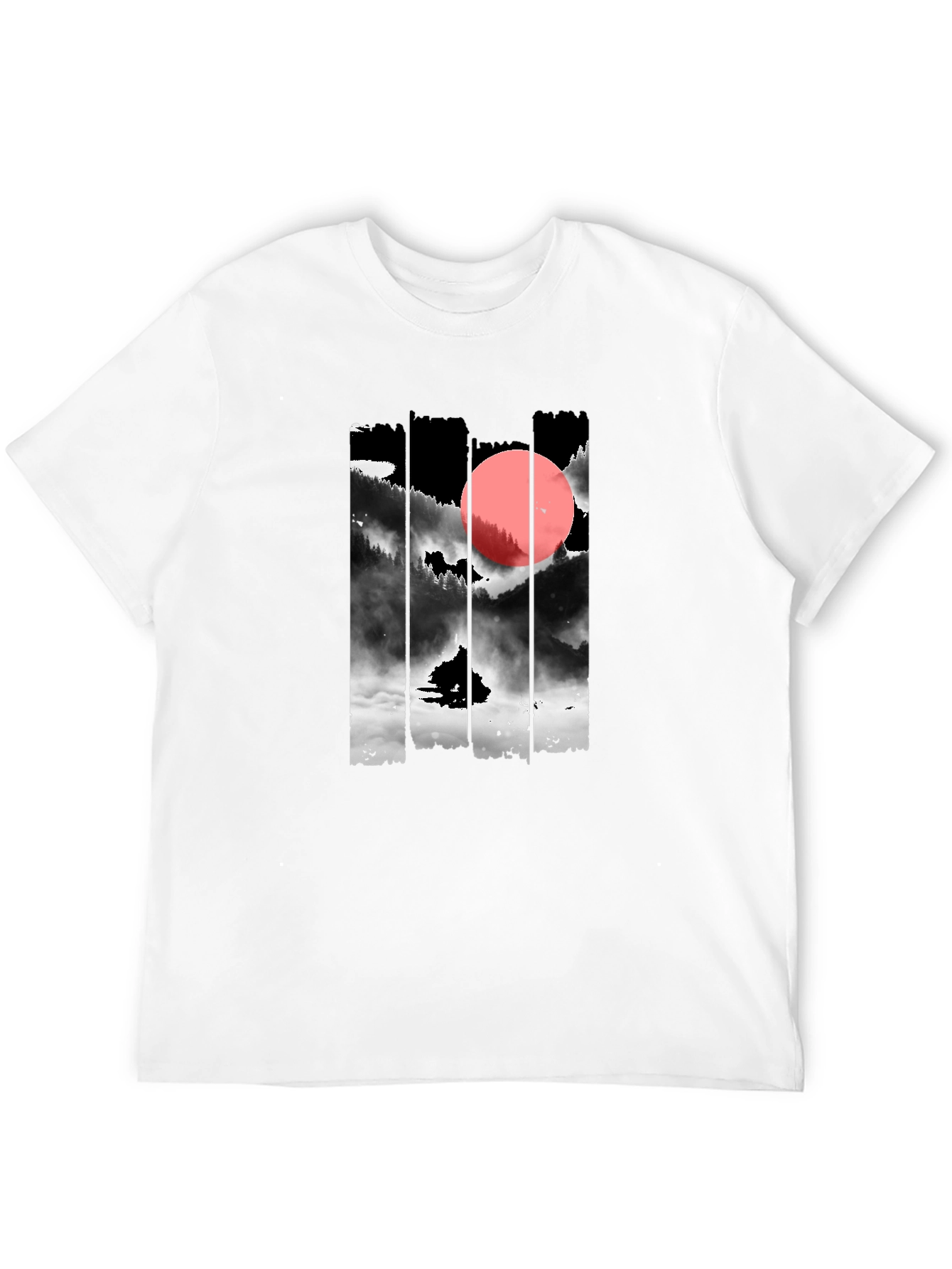 Black T-Shirt with Japanese Mountain Sunset Design