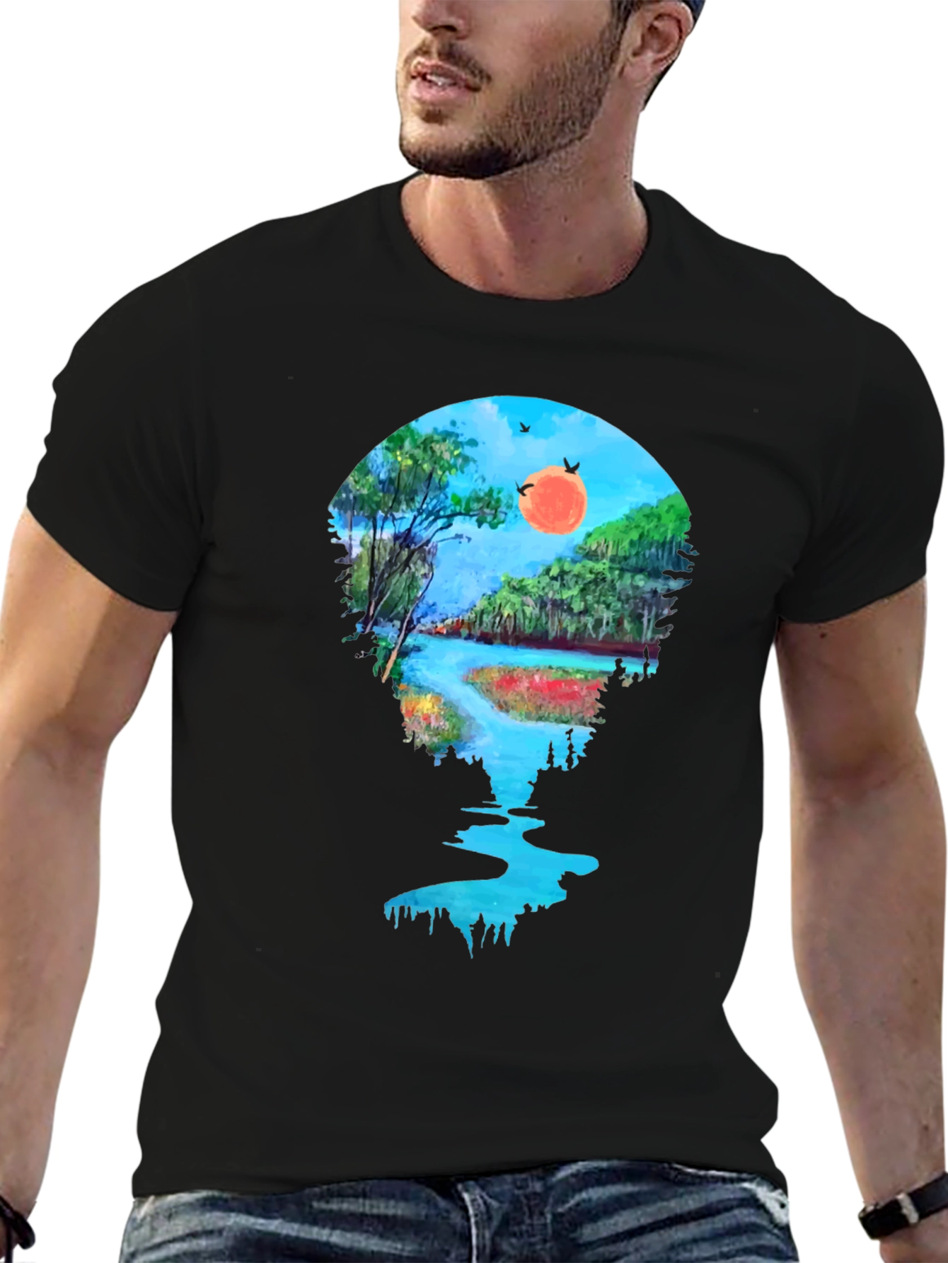 Scenic River View Graphic Tee - Black