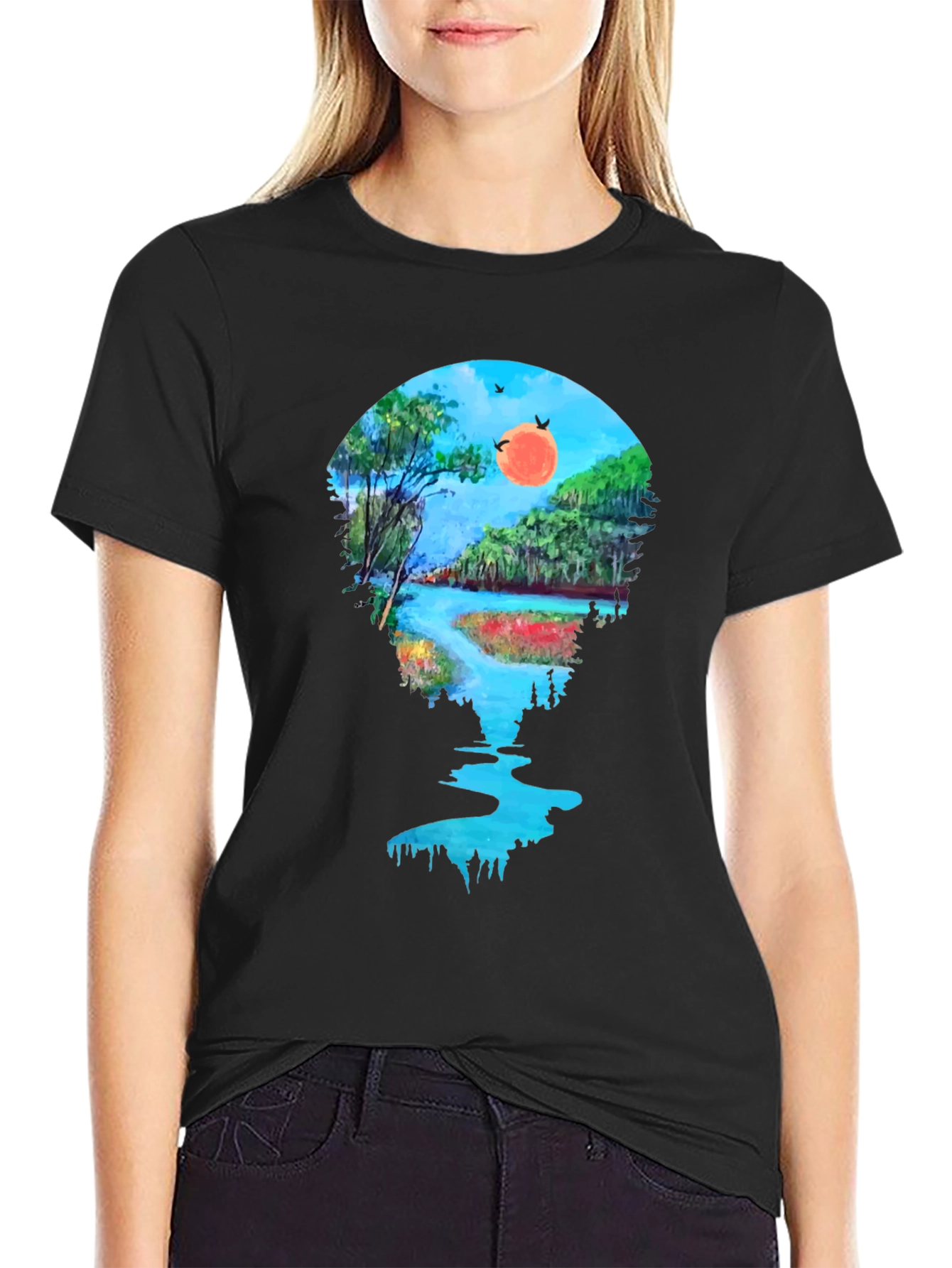 Scenic River View Graphic Tee - Black
