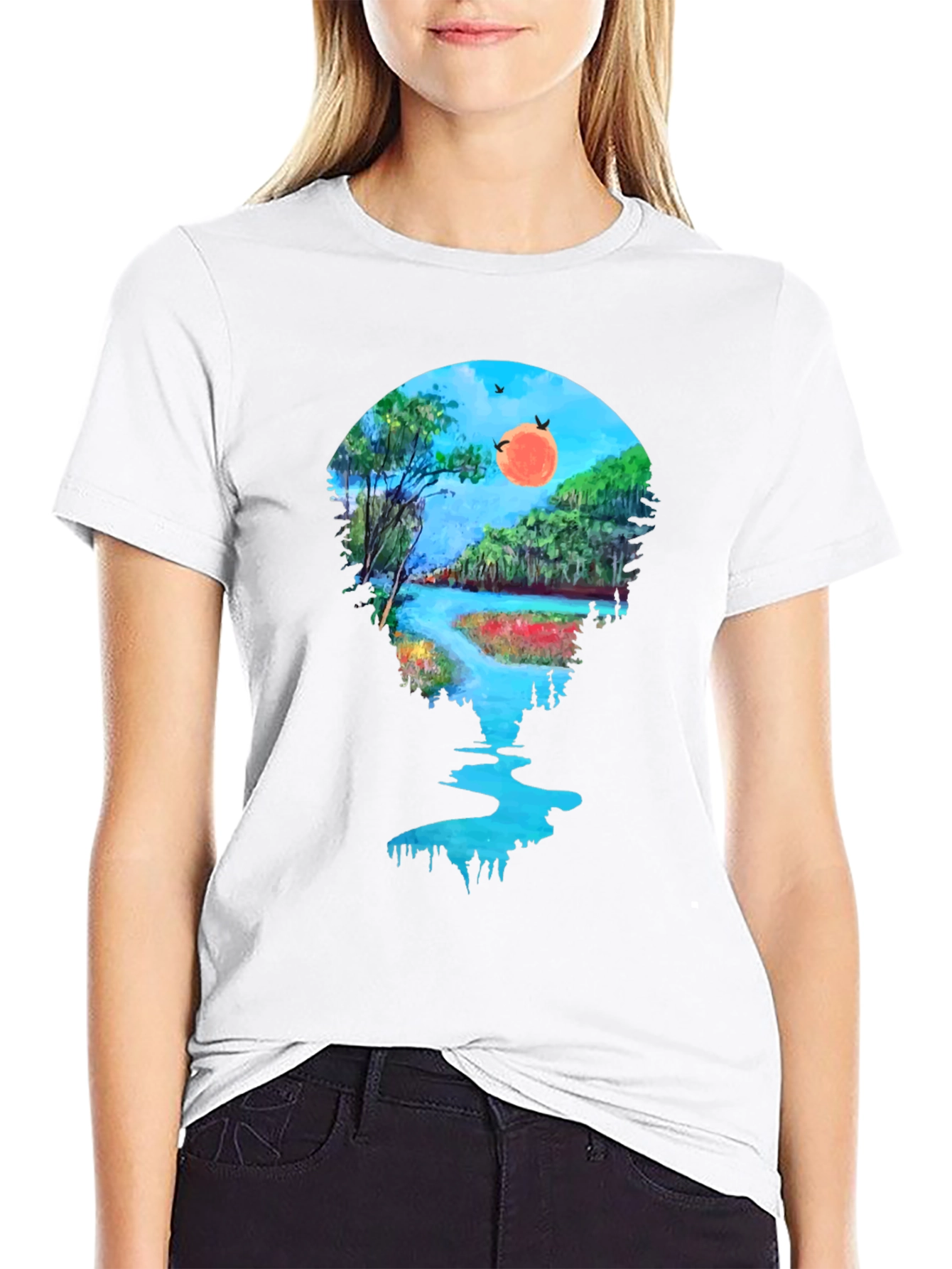 Scenic River View Graphic Tee - Black