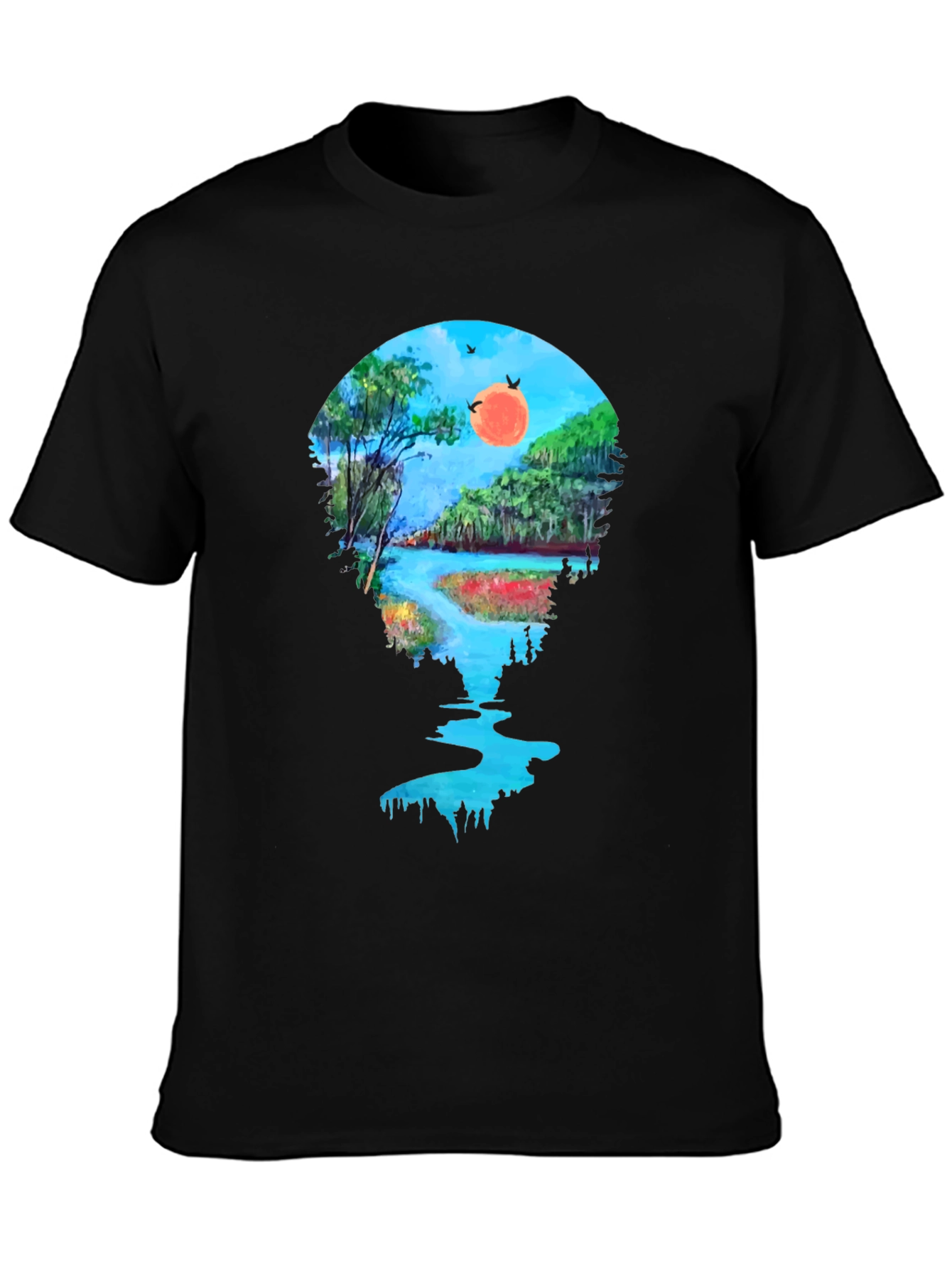 Scenic River View Graphic Tee - Black