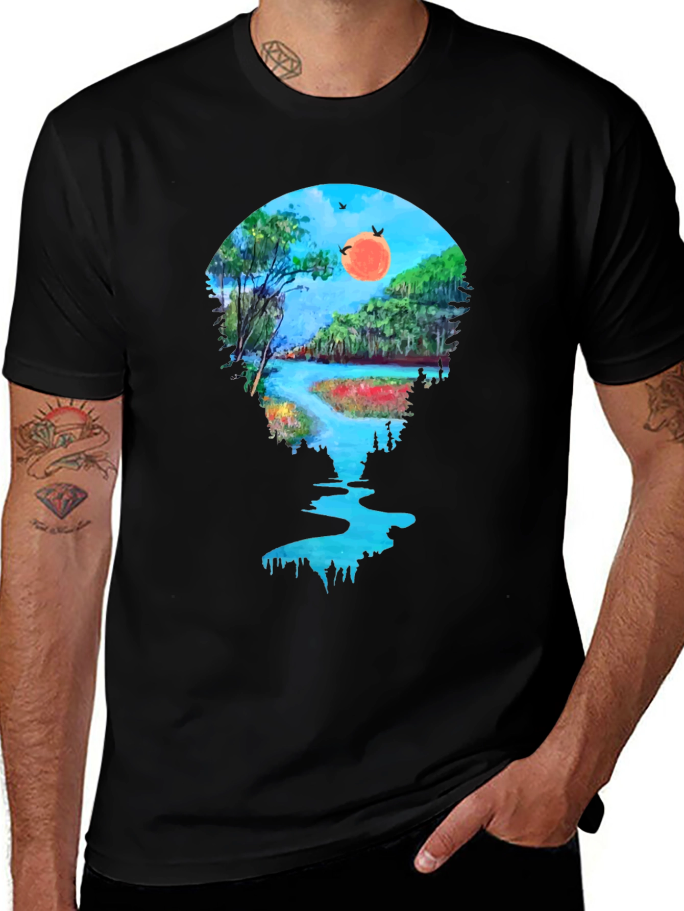 Scenic River View Graphic Tee - Black