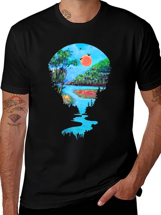 Scenic River View Graphic Tee - Black