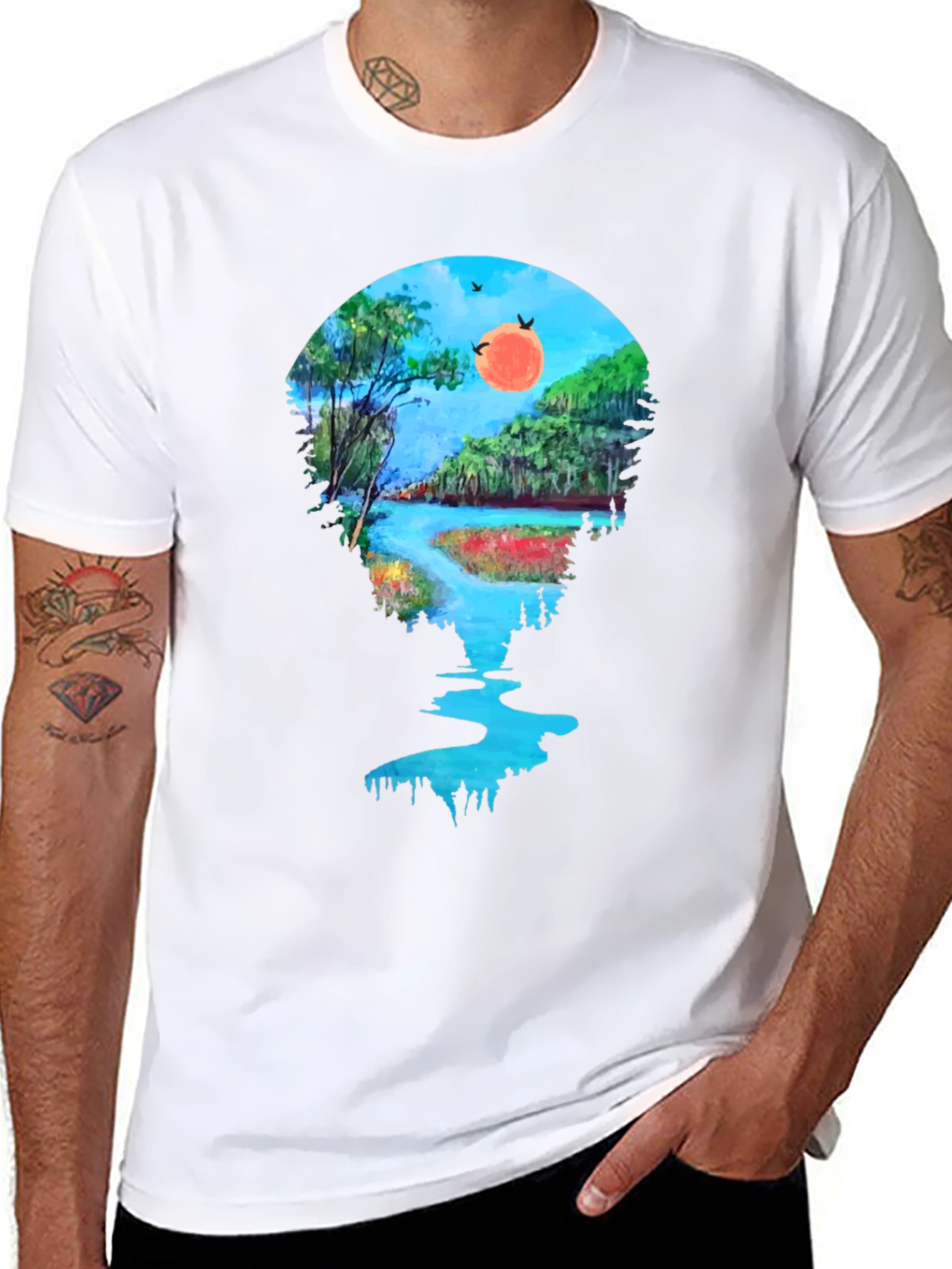 Scenic River View Graphic Tee - Black