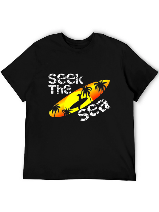 Seek The Sea Graphic T-Shirt - Surfboard & Palm Trees