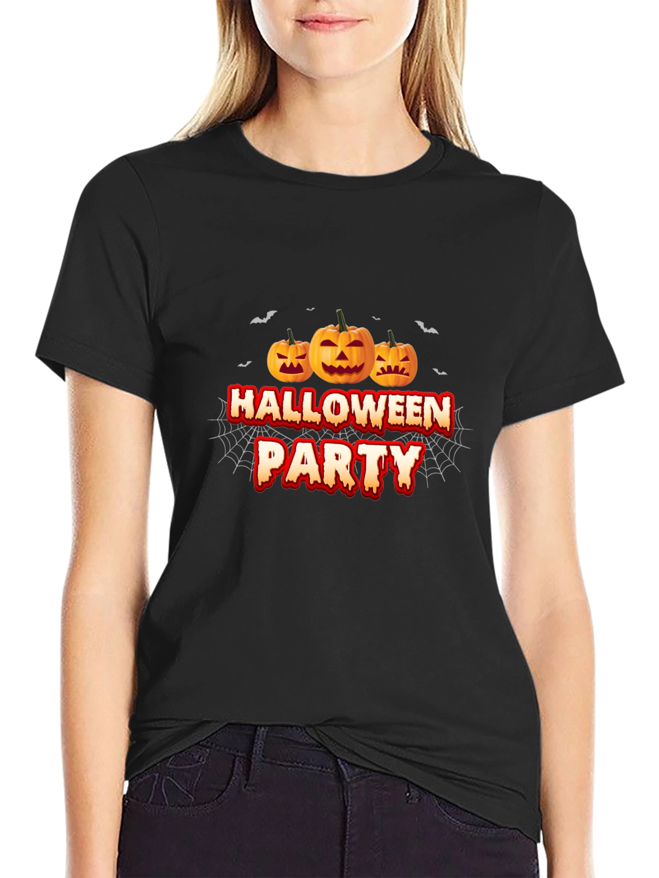Halloween Party Black T-Shirt with Pumpkin Design