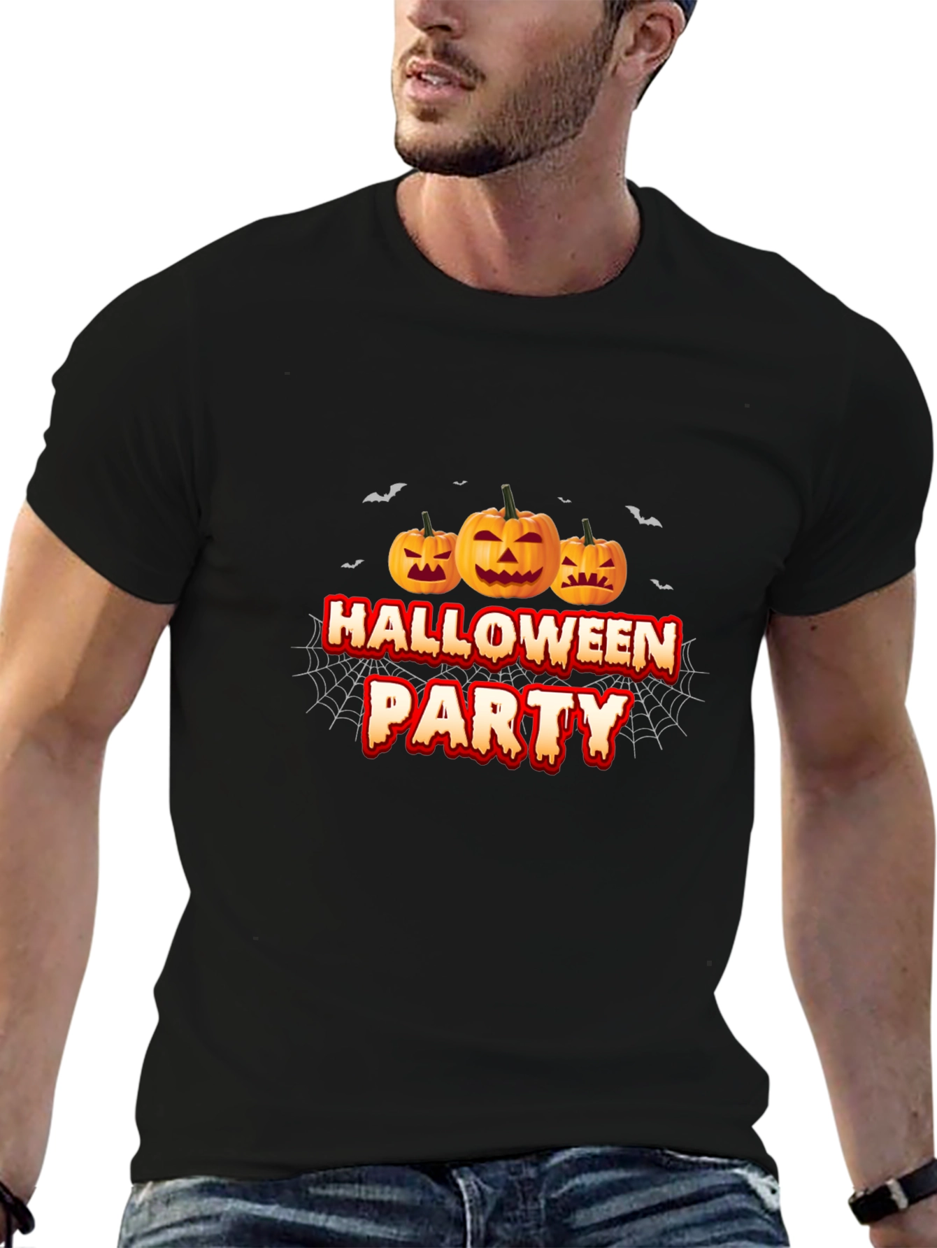 Halloween Party Black T-Shirt with Pumpkin Design