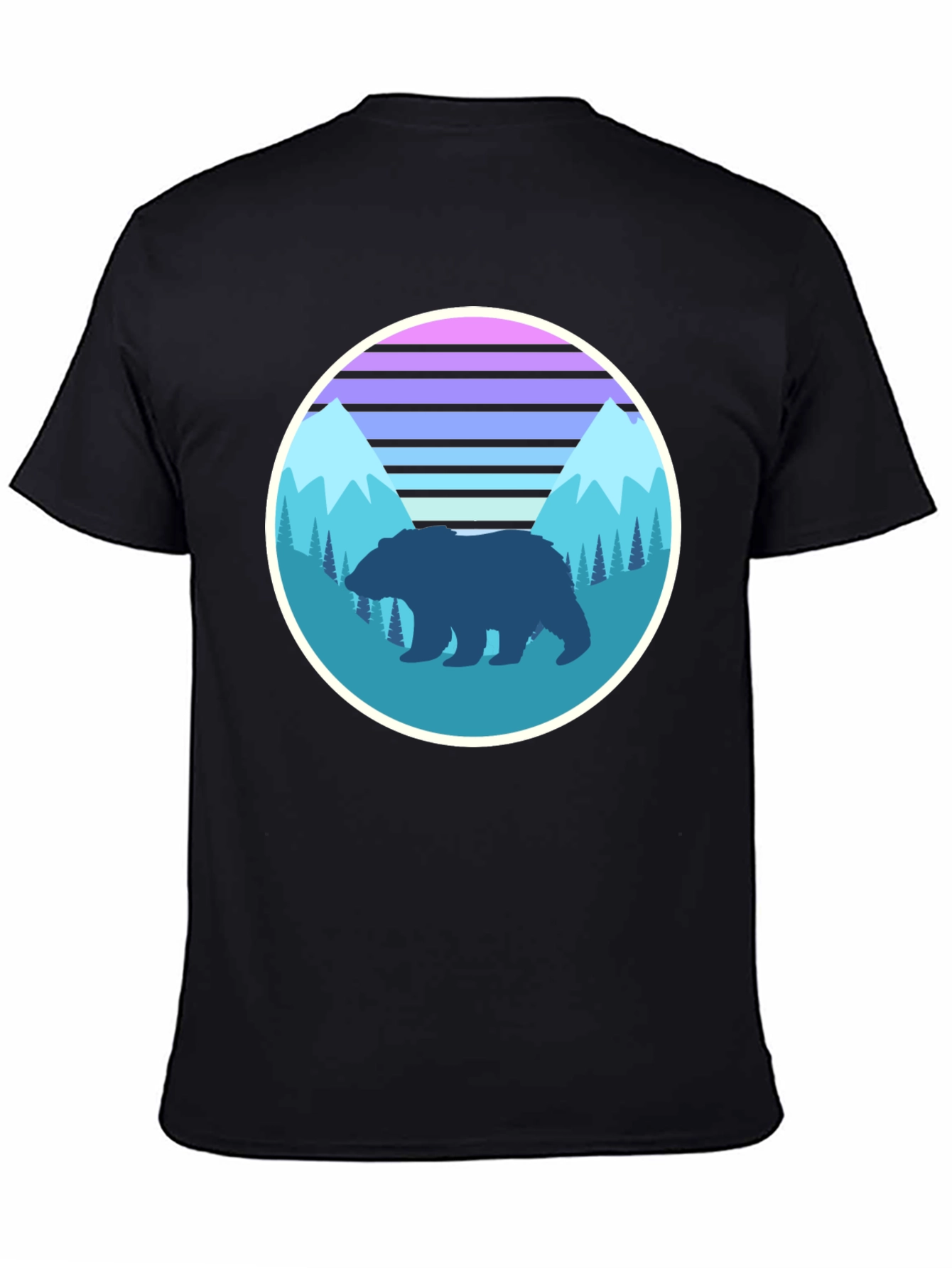 Retro Bear Mountain Graphic Tee - Black Cotton T-Shirt