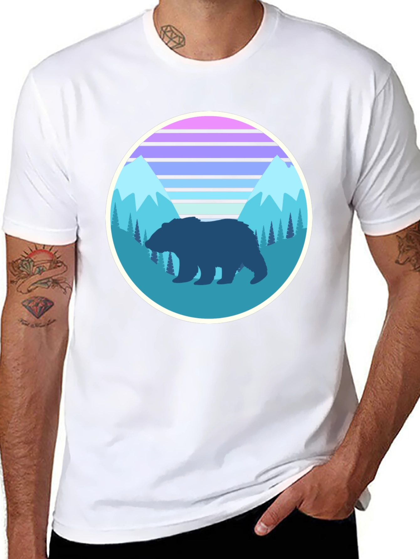 Retro Bear Mountain Graphic Tee - Black Cotton T-Shirt