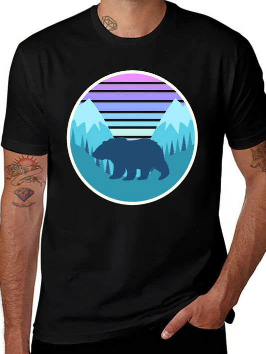 Retro Bear Mountain Graphic Tee - Black Cotton T-Shirt