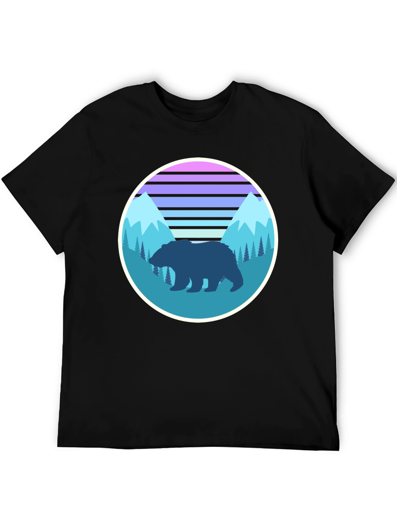 Retro Bear Mountain Graphic Tee - Black Cotton T-Shirt