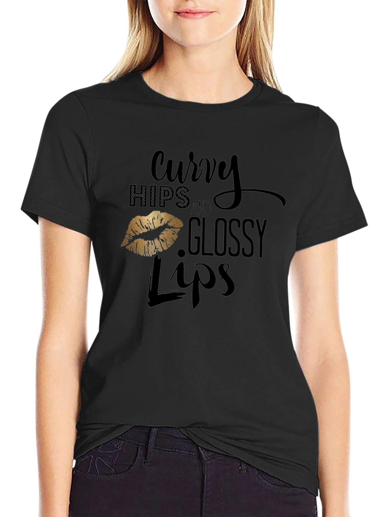 Curvy Hips & Glossy Lips Graphic Tee - Black