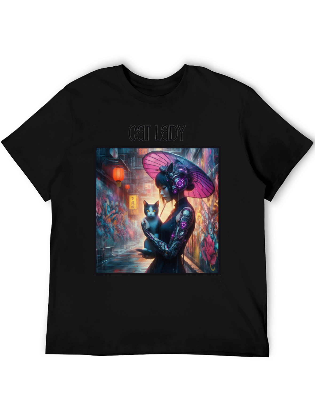 Cyberpunk Cat Lady Graphic Tee - Unique Design