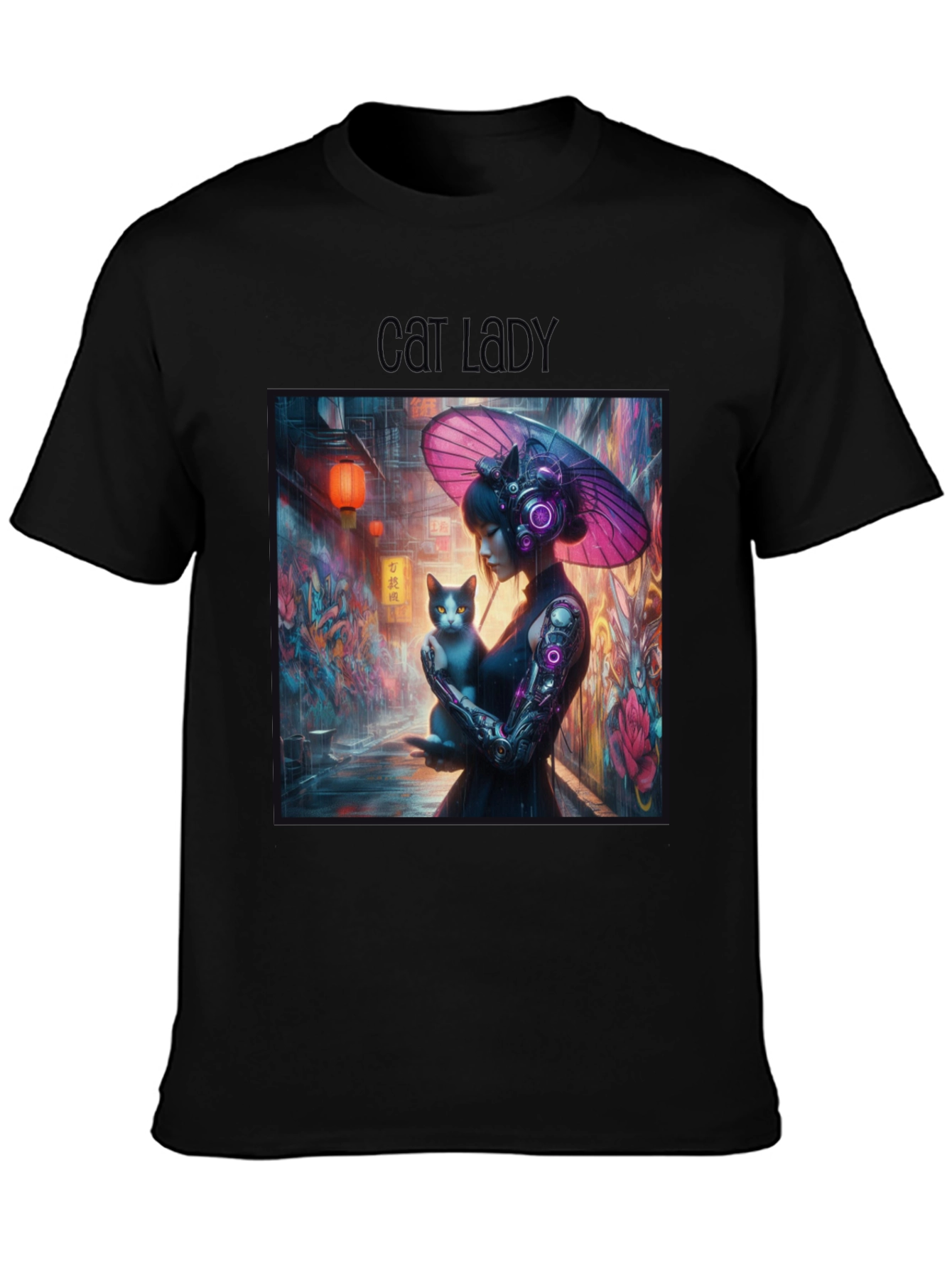 Cyberpunk Cat Lady Graphic Tee - Unique Design
