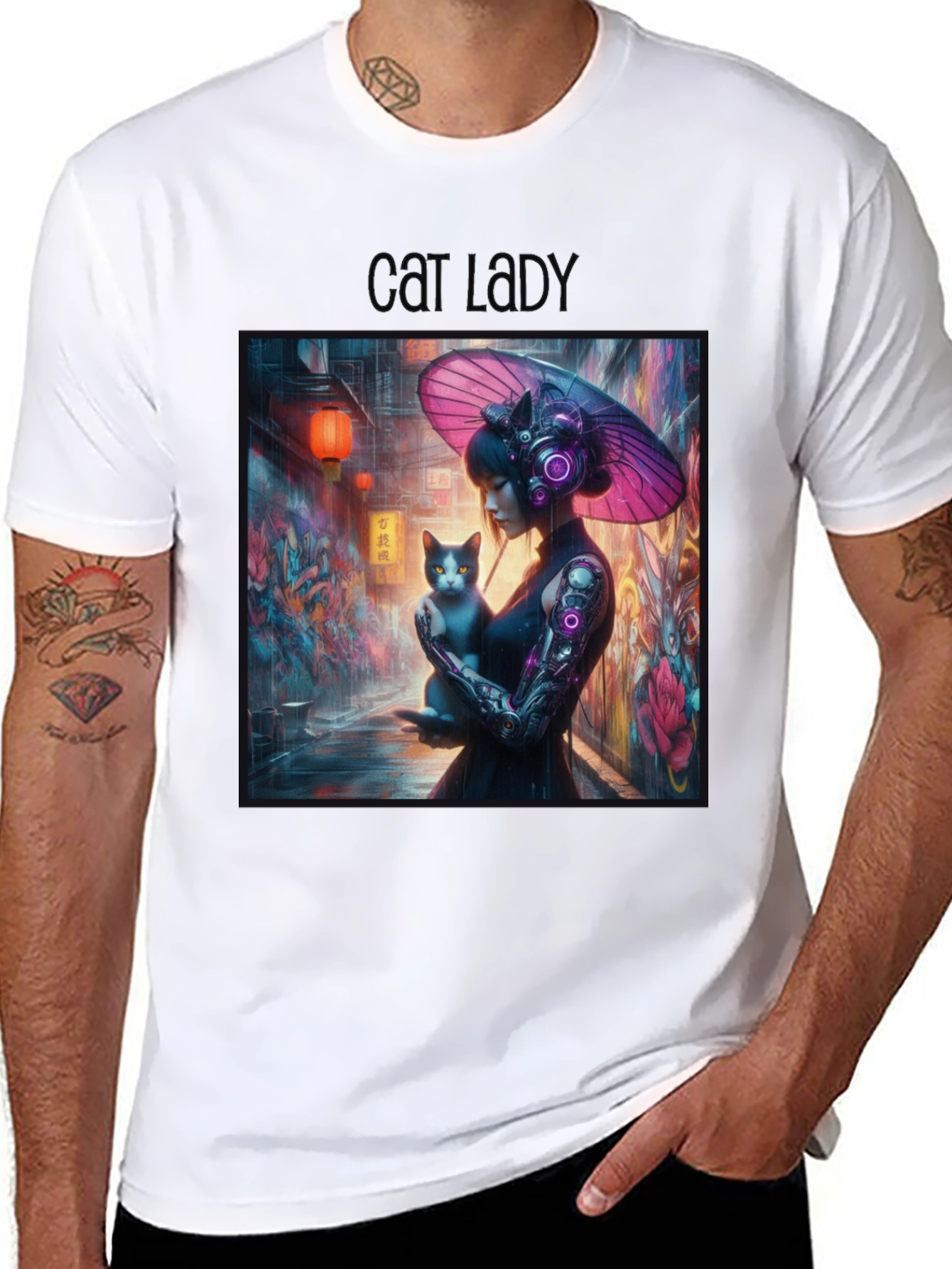 Cyberpunk Cat Lady Graphic Tee - Unique Design