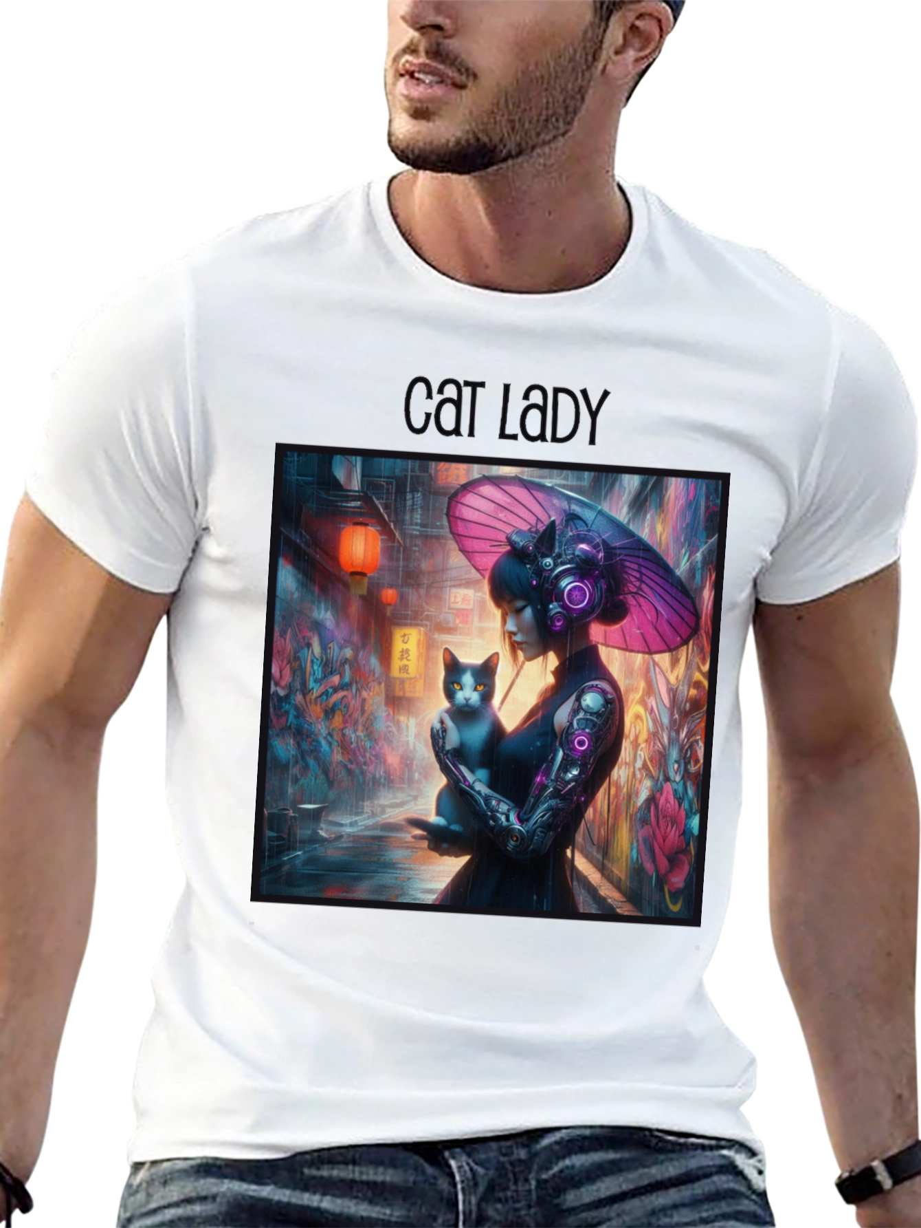 Cyberpunk Cat Lady Graphic Tee - Unique Design