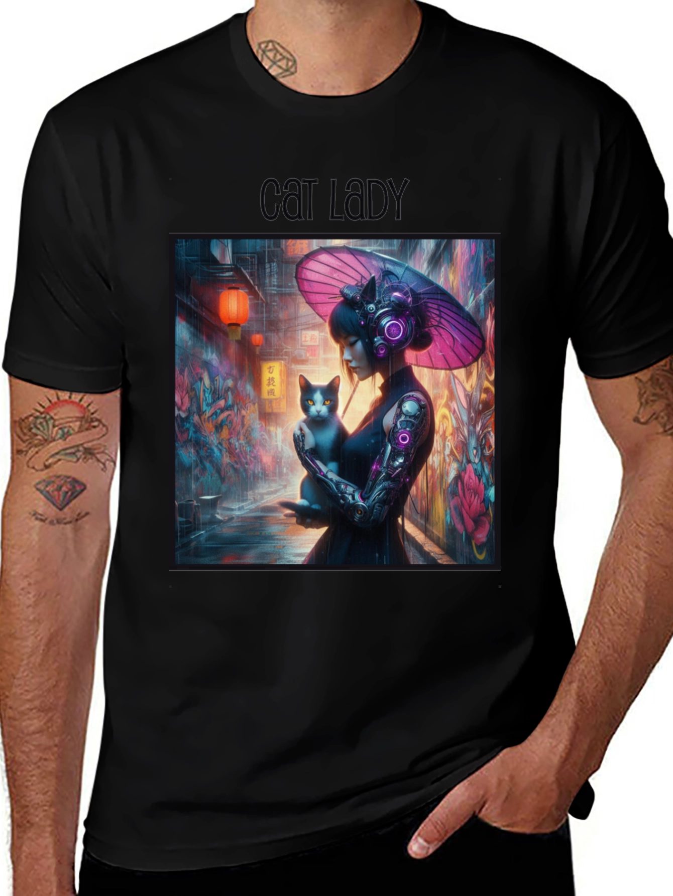 Cyberpunk Cat Lady Graphic Tee - Unique Design