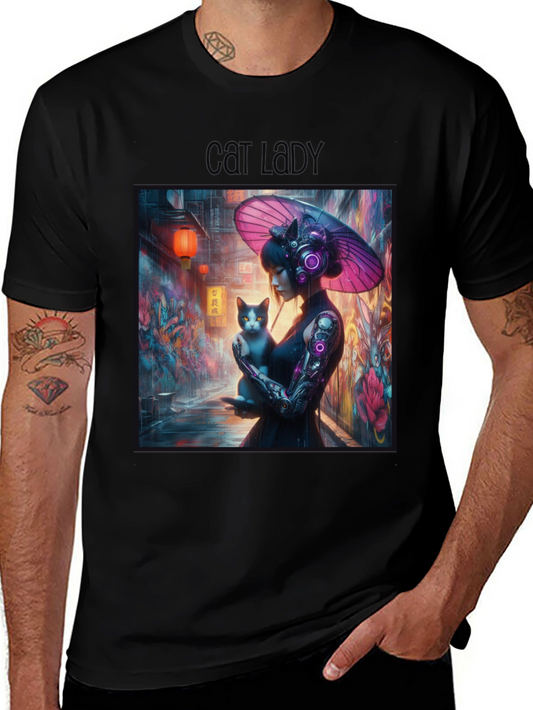 Cyberpunk Cat Lady Graphic Tee - Unique Design
