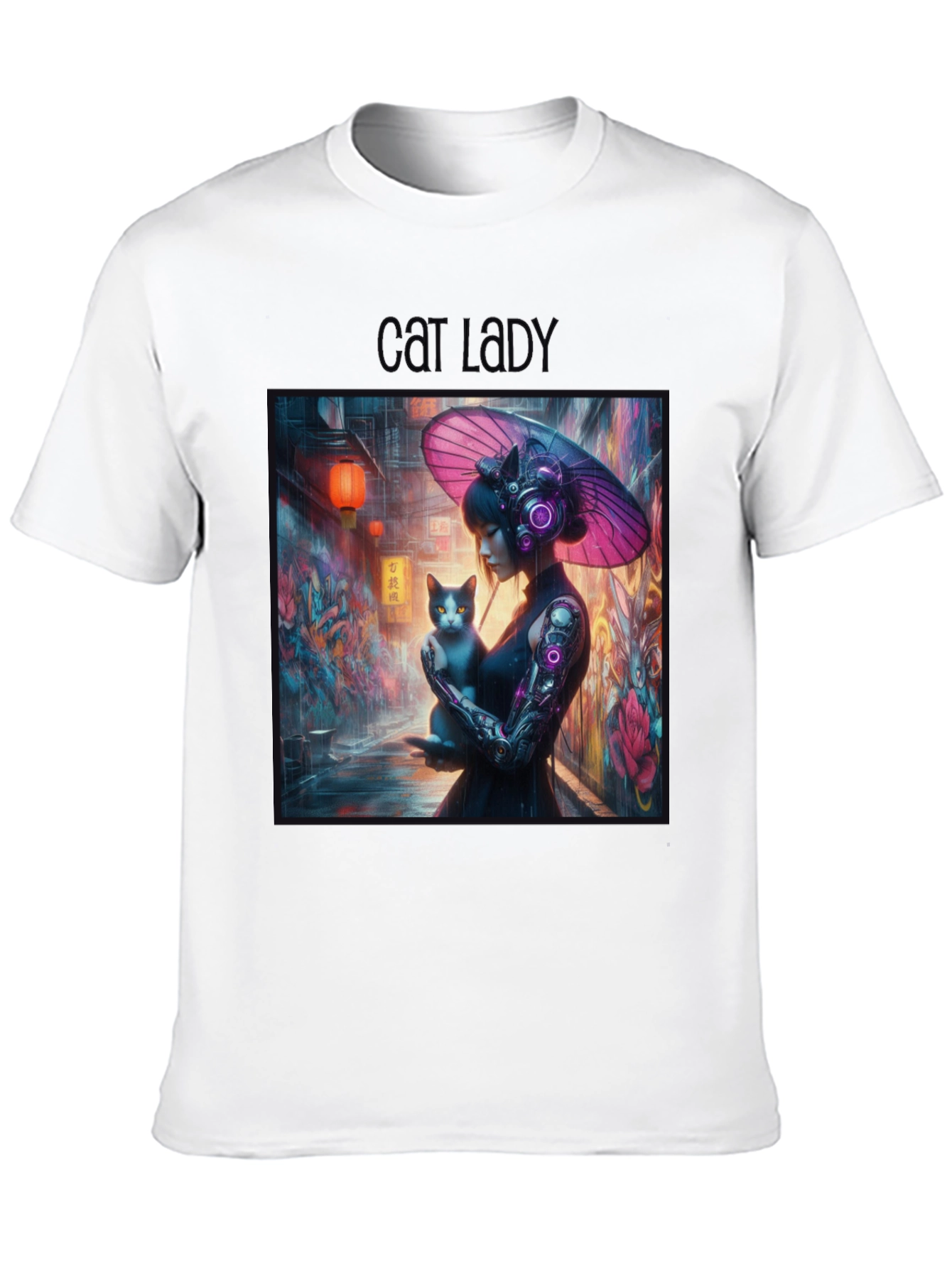 Cyberpunk Cat Lady Graphic Tee - Unique Design