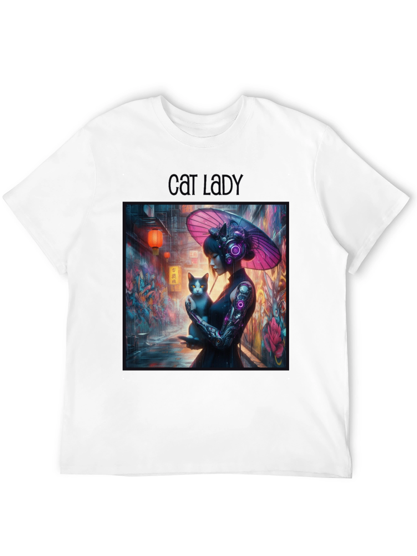 Cyberpunk Cat Lady Graphic Tee - Unique Design