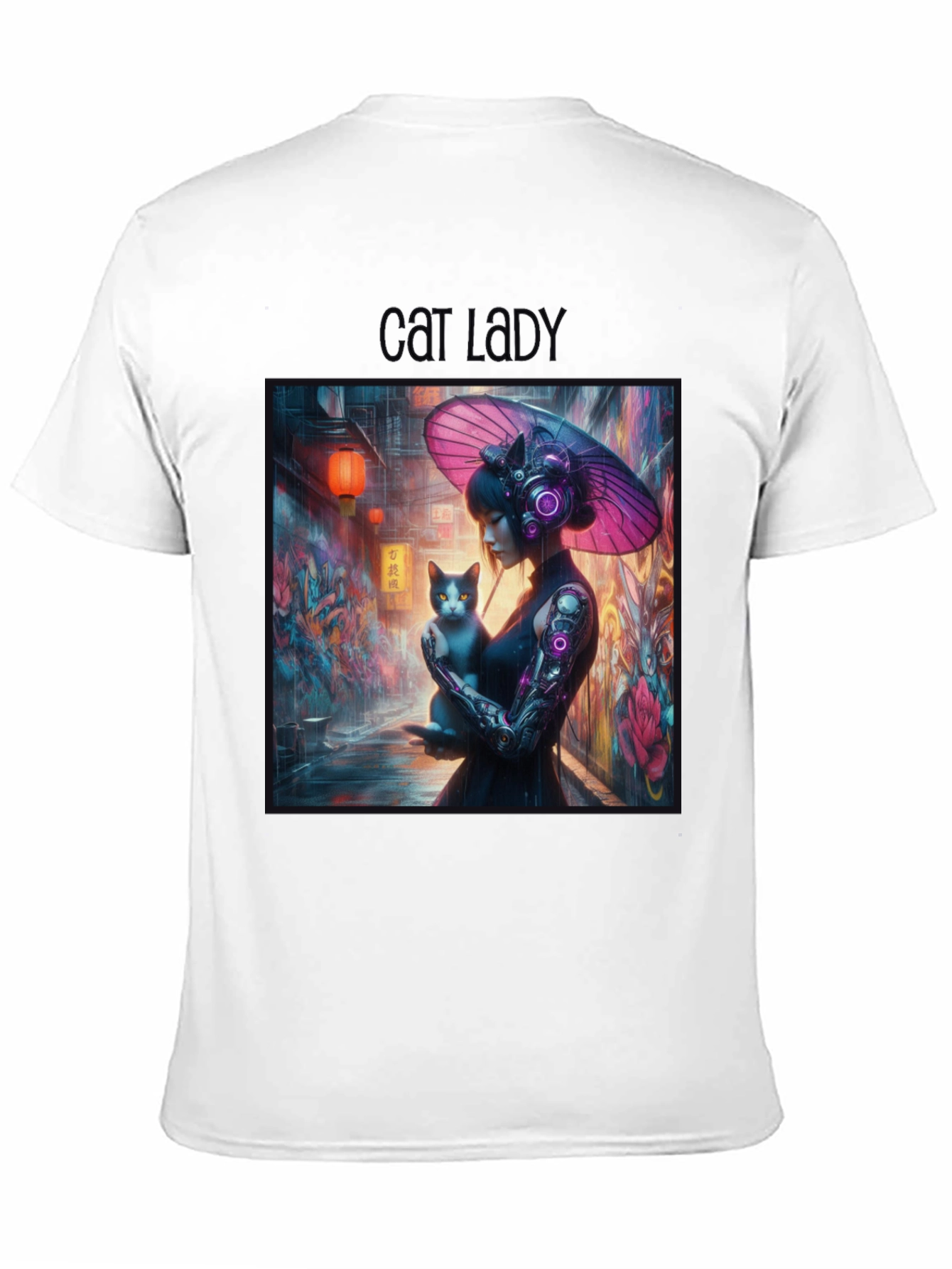 Cyberpunk Cat Lady Graphic Tee - Unique Design
