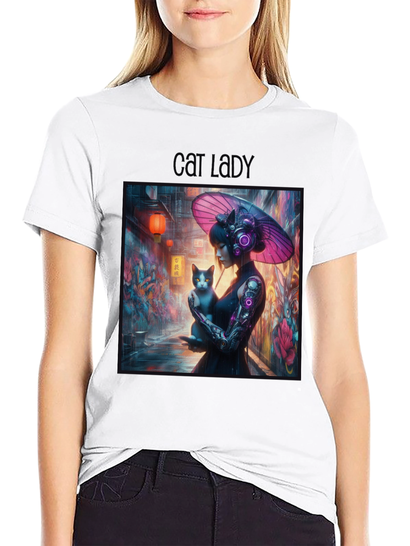 Cyberpunk Cat Lady Graphic Tee - Unique Design