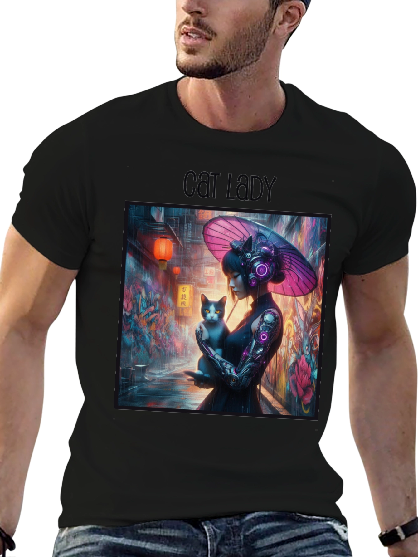 Cyberpunk Cat Lady Graphic Tee - Unique Design