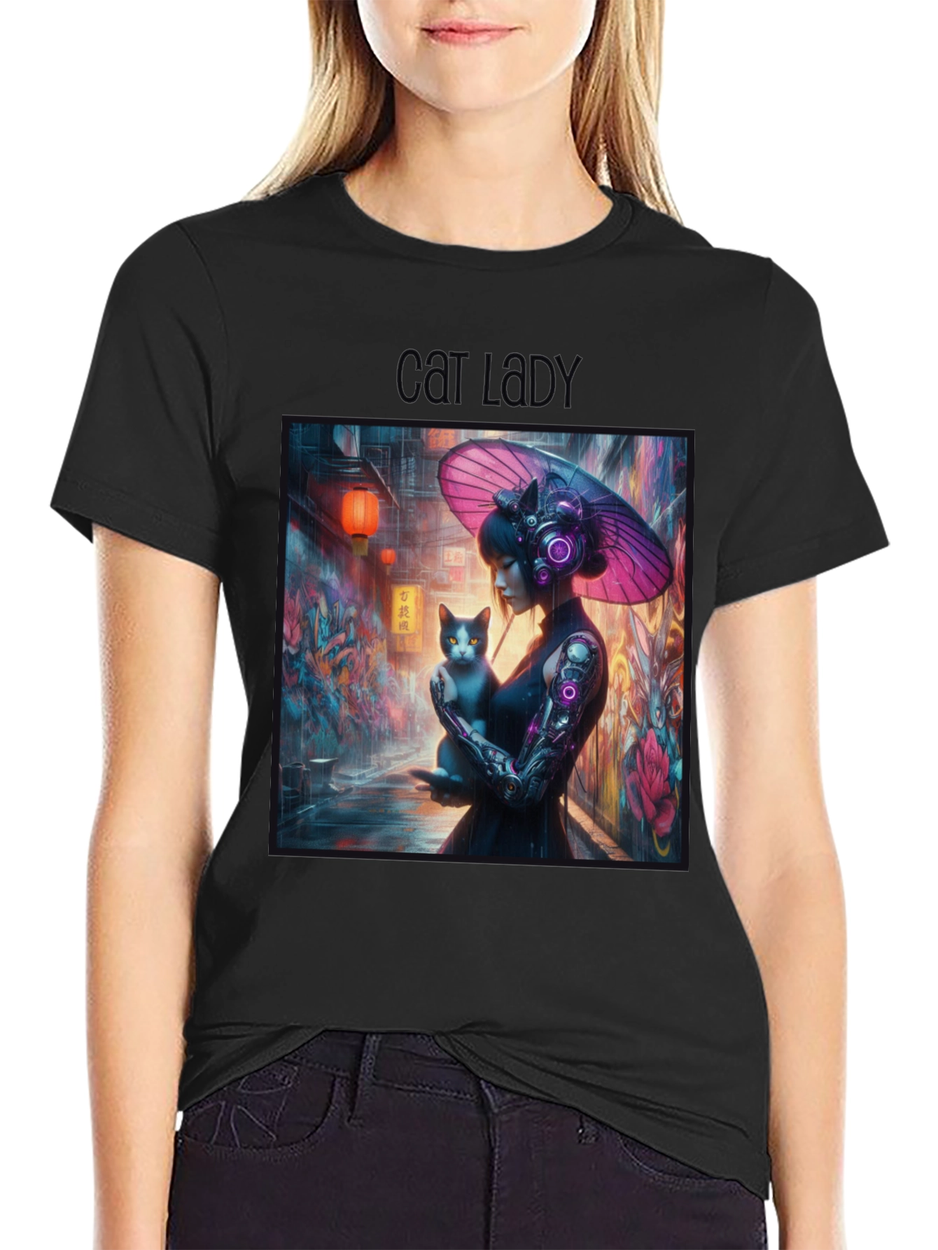 Cyberpunk Cat Lady Graphic Tee - Unique Design