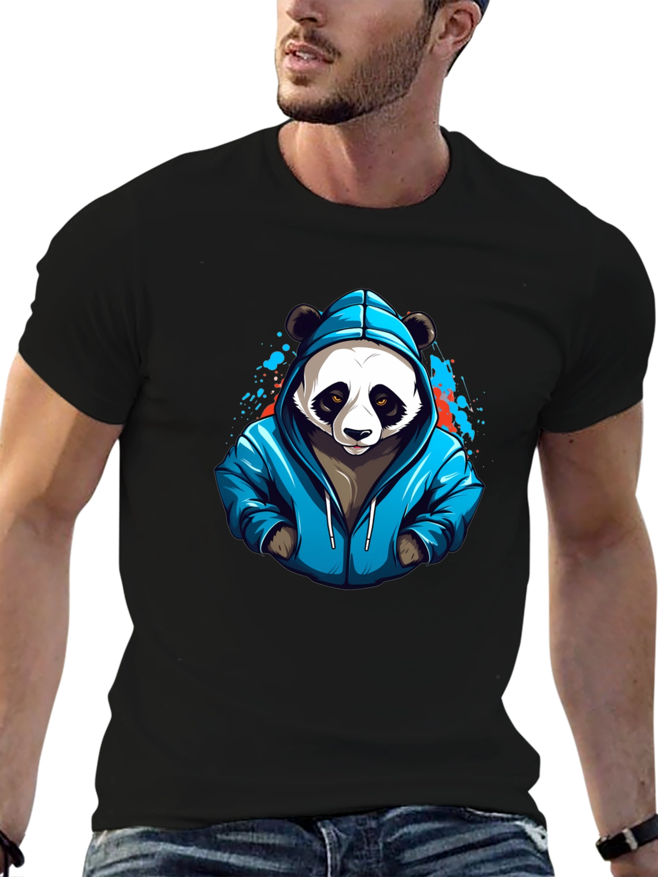 Panda Hoodie Graphic Black T-Shirt