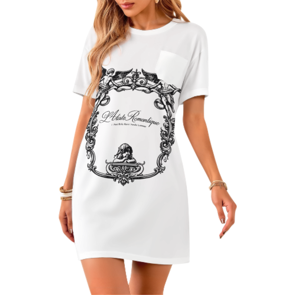 Vintage Angel Frame Graphic Tee Dress, Romantic Baroque Oversized Shirt Dress, Aesthetic Renaissance Inspired Casual Mini Dress, Soft Girl Streetwear Outfit(z519)