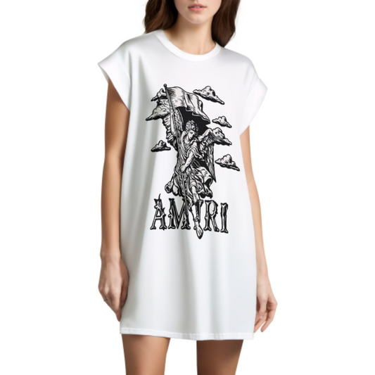 Vintage Gothic Angel Graphic T-Shirt Dress, AMRI Streetwear Oversized Tee, Dark Aesthetic Casual Graphic Shirt, Retro Angel Art Loose Fit Mini Dress(z525)
