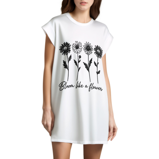 Bloom Like a Flower Oversized T-Shirt Dress, Minimal Floral Graphic Tee Dress, Inspirational Casual Loose Fit Shirt Dress(z524)