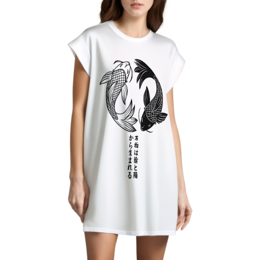 Yin Yang Koi Fish Oversized T-Shirt Dress, Japanese Style Graphic Tee Dress, Minimal Zen Streetwear Mini Dress, Monochrome Koi Art Casual Shirt(z528)