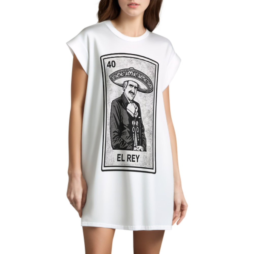 El Rey Vintage Lotería Oversized T-Shirt Dress, Mexican Card Graphic Tee Dress, Retro Streetwear Casual Loose Fit Shirt Dress(z523)