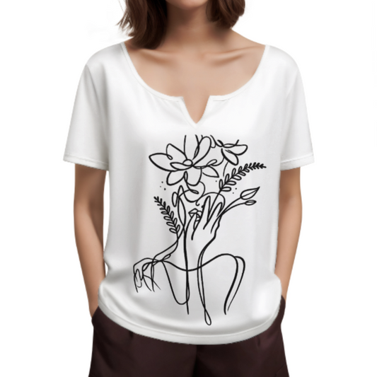 Minimal Floral Line Art Tee, Abstract Botanical Graphic Shirt, Oversized Modern Aesthetic T-Shirt, Monochrome Casual Fashion Top, Elegant Minimalist Streetwear Tee(z555)