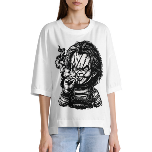 Vintage Horror Doll Graphic Tee, Dark Gothic Streetwear Shirt, Retro Creepy Character Oversized T-Shirt, Edgy Halloween Inspired Casual Top(z560)