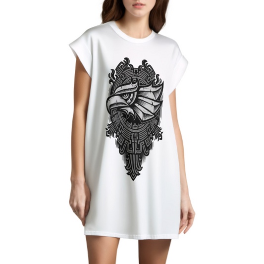 Tribal Eagle Graphic T-Shirt Dress, Aztec Inspired Oversized Tee, Gothic Streetwear Mini Dress, Monochrome Eagle Art Casual Fashion Shirt(z526)
