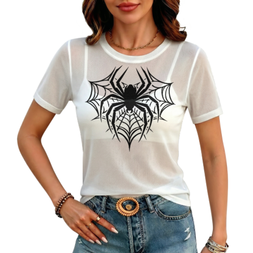 Gothic Spider Web Graphic Tee, Y2K Dark Aesthetic Shirt, Sheer Mesh Streetwear Top, Minimal Monochrome Graphic Tee, Trendy Urban Fashion Shirt(z541)