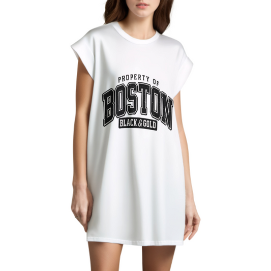 Boston Black & Gold Oversized T-Shirt Dress, Vintage College Graphic Tee Dress, Casual Streetwear Mini Dress, Retro Sports Inspired Loose Fit Shirt(z527)