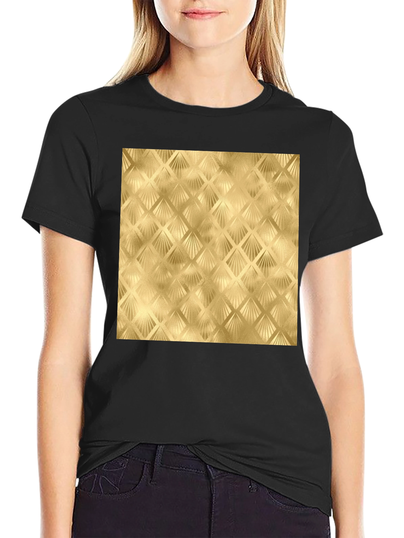 Golden Art Deco Pattern Black T-Shirt