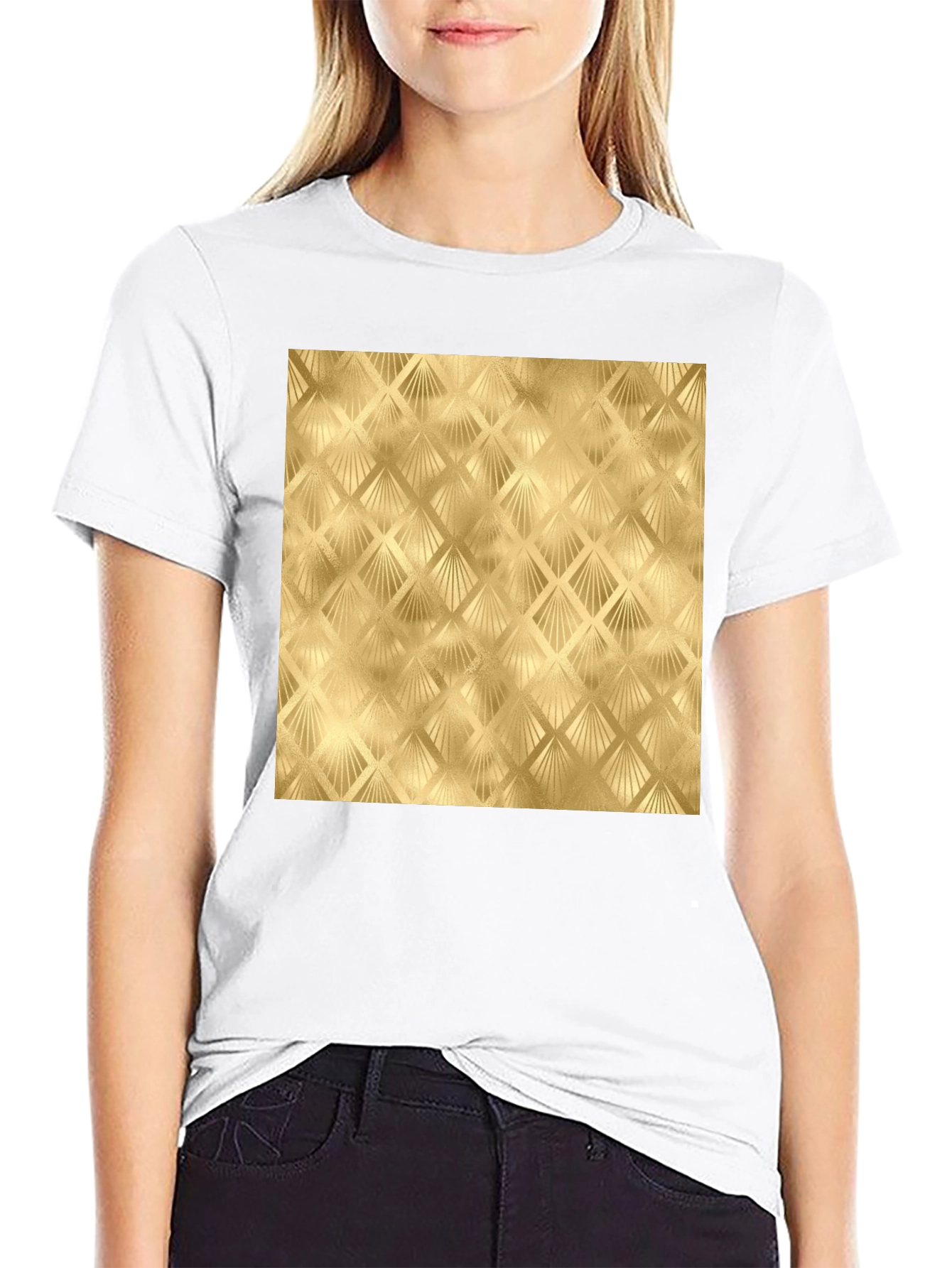 Golden Art Deco Pattern Black T-Shirt