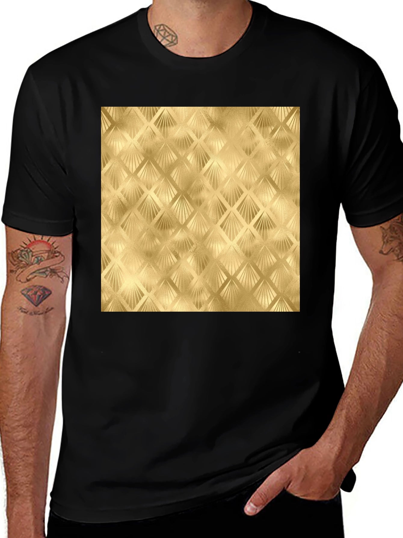 Golden Art Deco Pattern Black T-Shirt