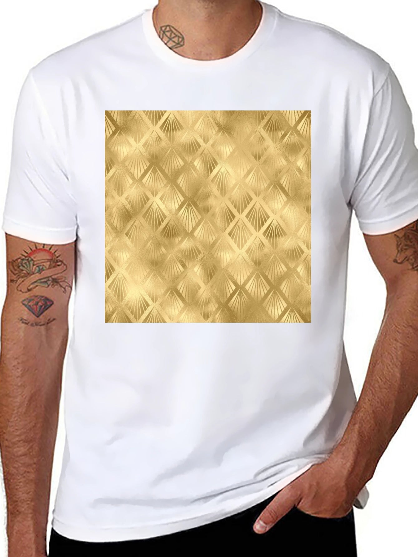 Golden Art Deco Pattern Black T-Shirt